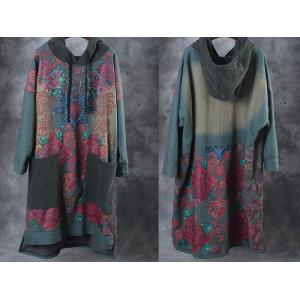 70s Hippie Printed Green Dress Spring Loose Hooded Dress