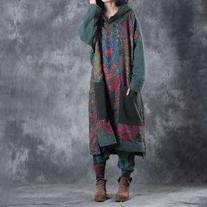Pregnant Fashion Printed Green Dress Spring Loose Hooded Dress