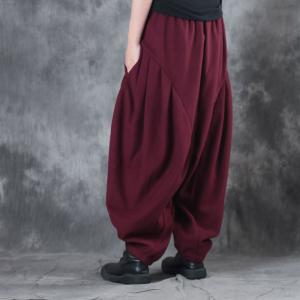 Elastic Waist Pleated Balloon Pants Womans Thick Yoga Trousers