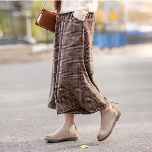 British Style Woolen Plaid Pants Womans Vintage Wide Leg Pants