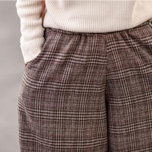 British Style Woolen Plaid Pants Womans Vintage Wide Leg Pants