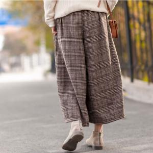 British Style Woolen Plaid Pants Womans Vintage Wide Leg Pants