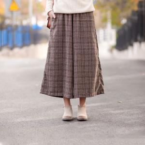 British Style Woolen Plaid Pants Womans Vintage Wide Leg Pants