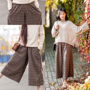 British Style Woolen Plaid Pants Womans Vintage Wide Leg Pants