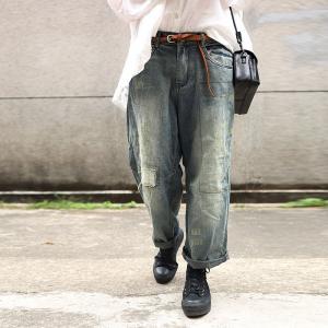 Street Style Patchwork Wide Leg Jeans Loose Straight-Leg Pants