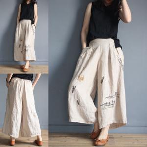 Spring Fashion Cotton Linen Pants Embroidered Wide Leg Trousers