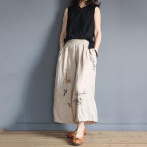 Spring Fashion Cotton Linen Pants Embroidered Wide Leg Trousers