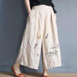 Spring Fashion Cotton Linen Pants Embroidered Wide Leg Trousers