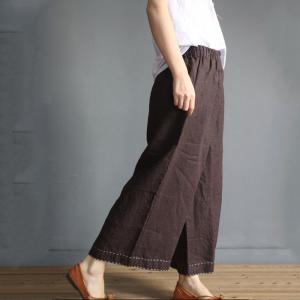 Hem Embroidered Plain Causal Pants Loose Cotton Line Slacks for Woman