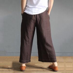 Hem Embroidered Plain Causal Pants Loose Cotton Line Slacks for Woman