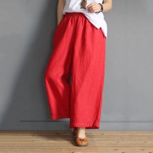 Hem Embroidered Plain Causal Pants Loose Cotton Line Slacks for Woman