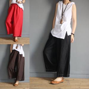 Hem Embroidered Plain Causal Pants Loose Cotton Line Slacks for Woman