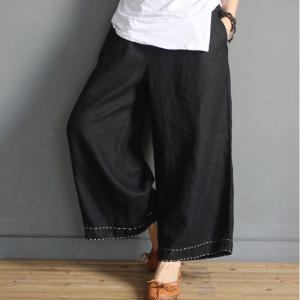 Hem Embroidered Plain Causal Pants Loose Cotton Line Slacks for Woman