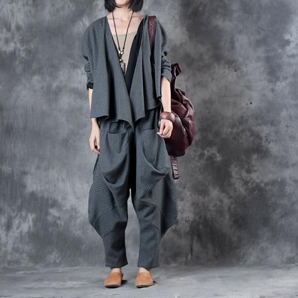 Original Design Woolen Short Blazers with Loose Gray Harem Pants