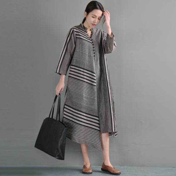 Loose-Fitting Striped Asymmetric Dress Silk Linen Casual Shirt Dress