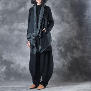 Plaids Splicing Draped Loose Linen Vest with Black Genie Pants in