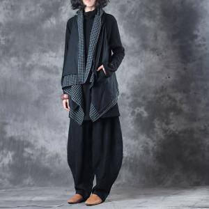 Plaids Splicing Draped Loose Linen Vest with Black Genie Pants