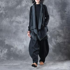 Plaids Splicing Draped Loose Linen Vest with Black Genie Pants