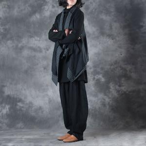 Plaids Splicing Draped Loose Linen Vest with Black Genie Pants