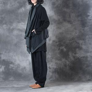 Plaids Splicing Draped Loose Linen Vest with Black Genie Pants