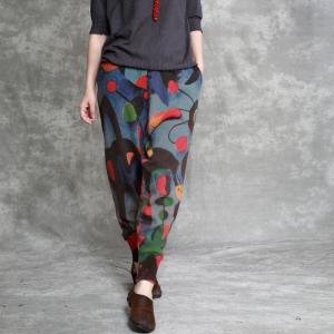 Artistic Prints Loose Cotton Linen Pants Womans Knitting Trousers