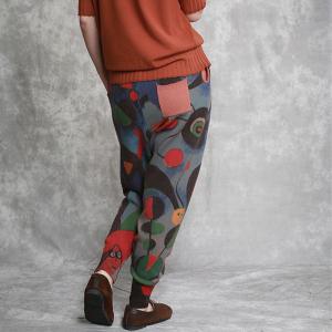 Artistic Prints Loose Cotton Linen Pants Womans Knitting Trousers