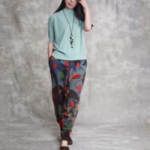 Artistic Prints Loose Cotton Linen Pants Womans Knitting Trousers