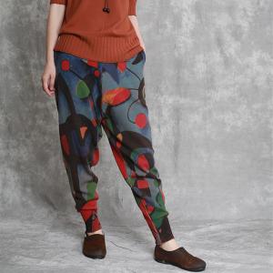 Artistic Prints Loose Cotton Linen Pants Womans Knitting Trousers