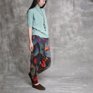 Artistic Prints Loose Cotton Linen Pants Womans Knitting Trousers