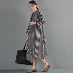 Loose-Fitting Striped Asymmetric Dress Silk Linen Casual Shirt Dress