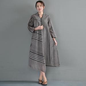 Loose-Fitting Striped Asymmetric Dress Silk Linen Casual Shirt Dress