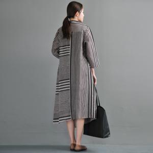 Loose-Fitting Striped Asymmetric Dress Silk Linen Casual Shirt Dress