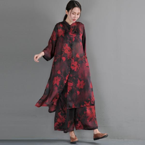 Red Flowers Elegant Plus Size Tunic with Red Silk Wide Leg Pants