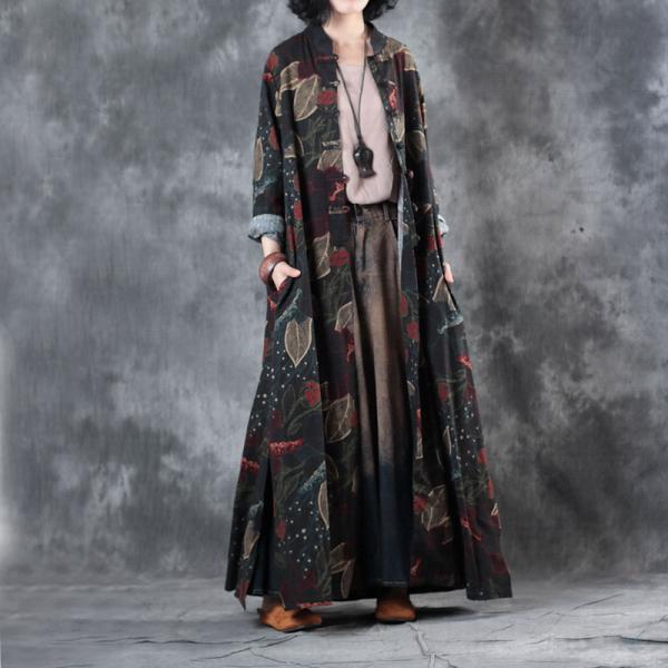 Leaves Prints Front Slits Chinese Dress Senior Womans Vintage Cardigan