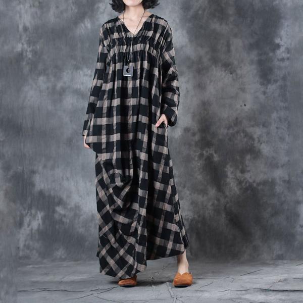 V-Neck Lattices Cotton Linen Kaftan Dress Draped Vintage Clothing