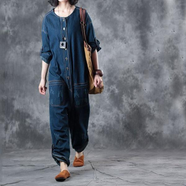 Single-Breasted Distressed Denim Overalls Baggy Womans Jeans Dungarees