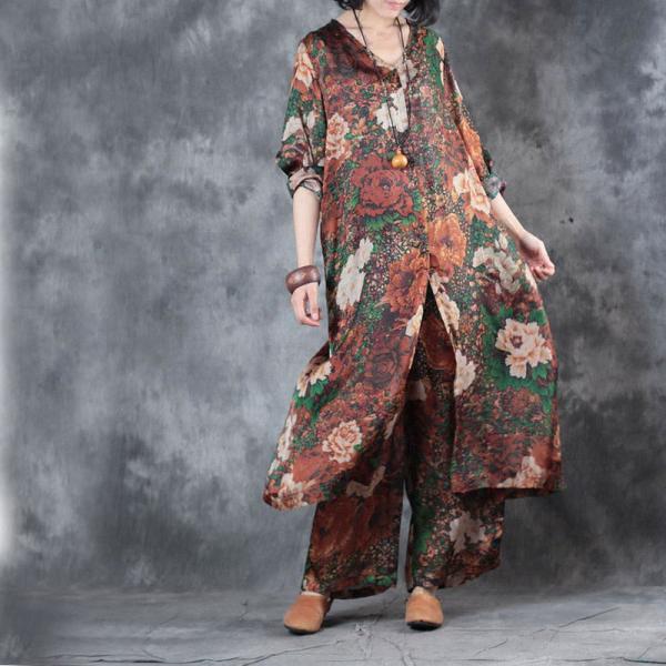 V-Neck Peony Prints Senior Womans Long Blouse with Wide Leg Pants