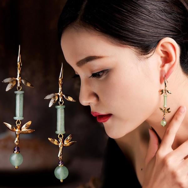 Mature Lady Chinese Jadeware Bamboo Elegant Earrings