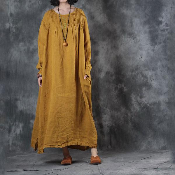 Large Size Pleated Embroidered Dress Linen Long Sleeve Dress