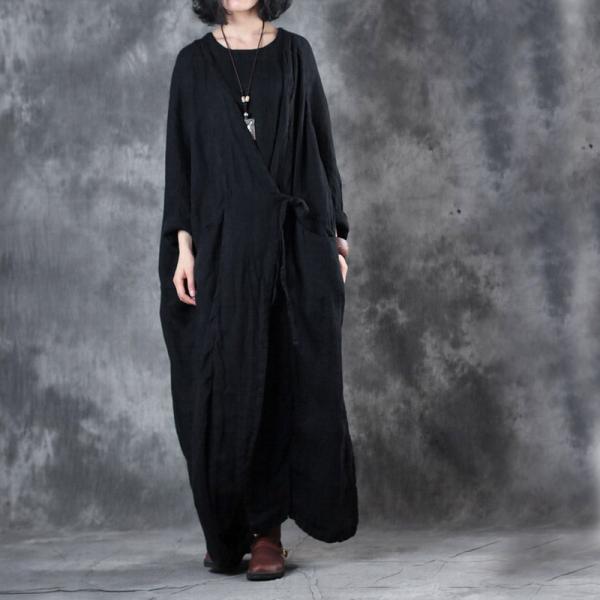 High-End Belted Linen Customized Dress Layering Vintage Black Dress