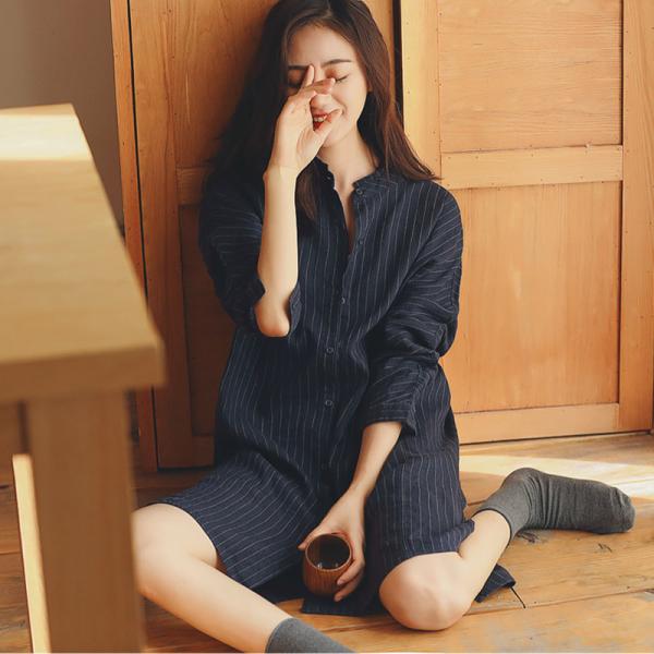 BF Style Linen Pinstriped Shirt Dress Casual Knee Length Dress