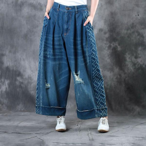 Retro Style Distressed Boyfriend Jeans Womans Wide Leg Jeans