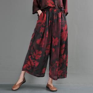 Red Flowers Elegant Plus Size Tunic with Red Silk Wide Leg Pants