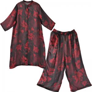 Red Flowers Elegant Plus Size Tunic with Red Silk Wide Leg Pants