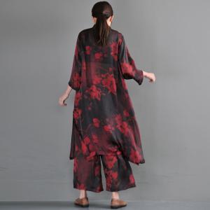 Red Flowers Elegant Plus Size Tunic with Red Silk Wide Leg Pants