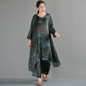 Vintage Folk Printing Silk Satin Tunic Dress with Green Wide Leg Trousers