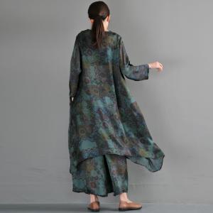 Vintage Folk Printing Silk Satin Tunic Dress with Green Wide Leg Trousers