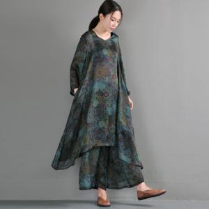 Vintage Folk Printing Silk Satin Tunic Dress with Green Wide Leg Trousers