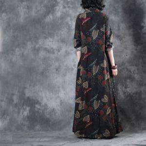 Leaves Prints Front Slits Chinese Dress Senior Womans Vintage Cardigan