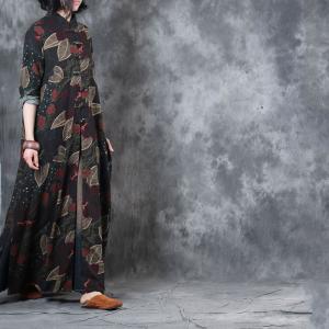 Leaves Prints Front Slits Chinese Dress Senior Womans Vintage Cardigan